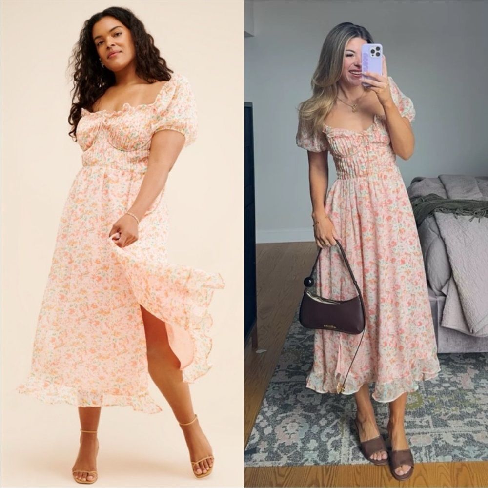 New Anthropologie ASTR The Label Lunaria Pleated Floral Orange Midi Dress - Picture 4 of 8
